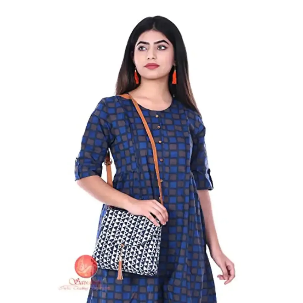 Saudeep India Hand Made Cotton Printed Ikat Sling Bag For Women Girls, College Bag For Girls (Blue)