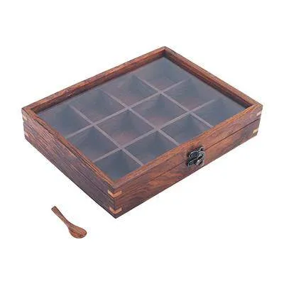 Sheesham Wood table top 12 Compartment Spice Box with Spoon