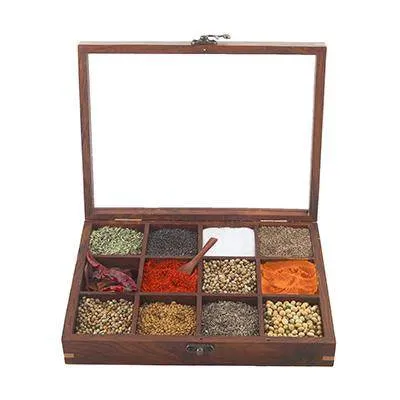 Sheesham Wood table top 12 Compartment Spice Box with Spoon