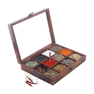 Sheesham Wood table top 12 Compartment Spice Box with Spoon