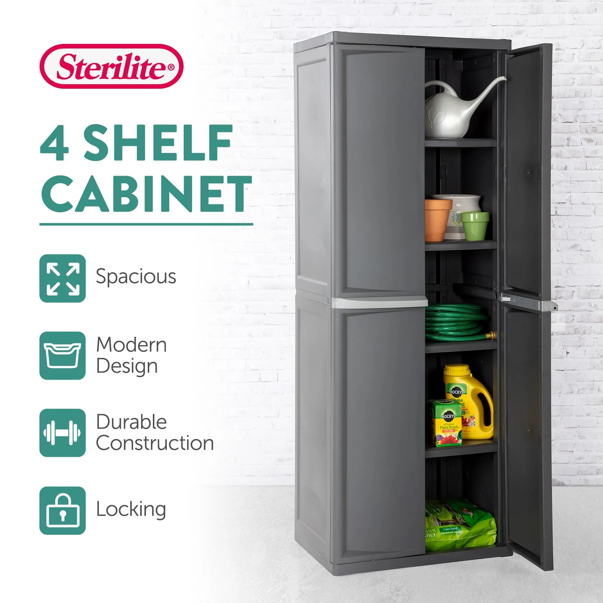 Sterilite 4 Shelf Cabinet, Plastic Organization Storage Unit, Organize Bins in the Garage, Basement, Attic, Mudroom, Gray, 1-Pack