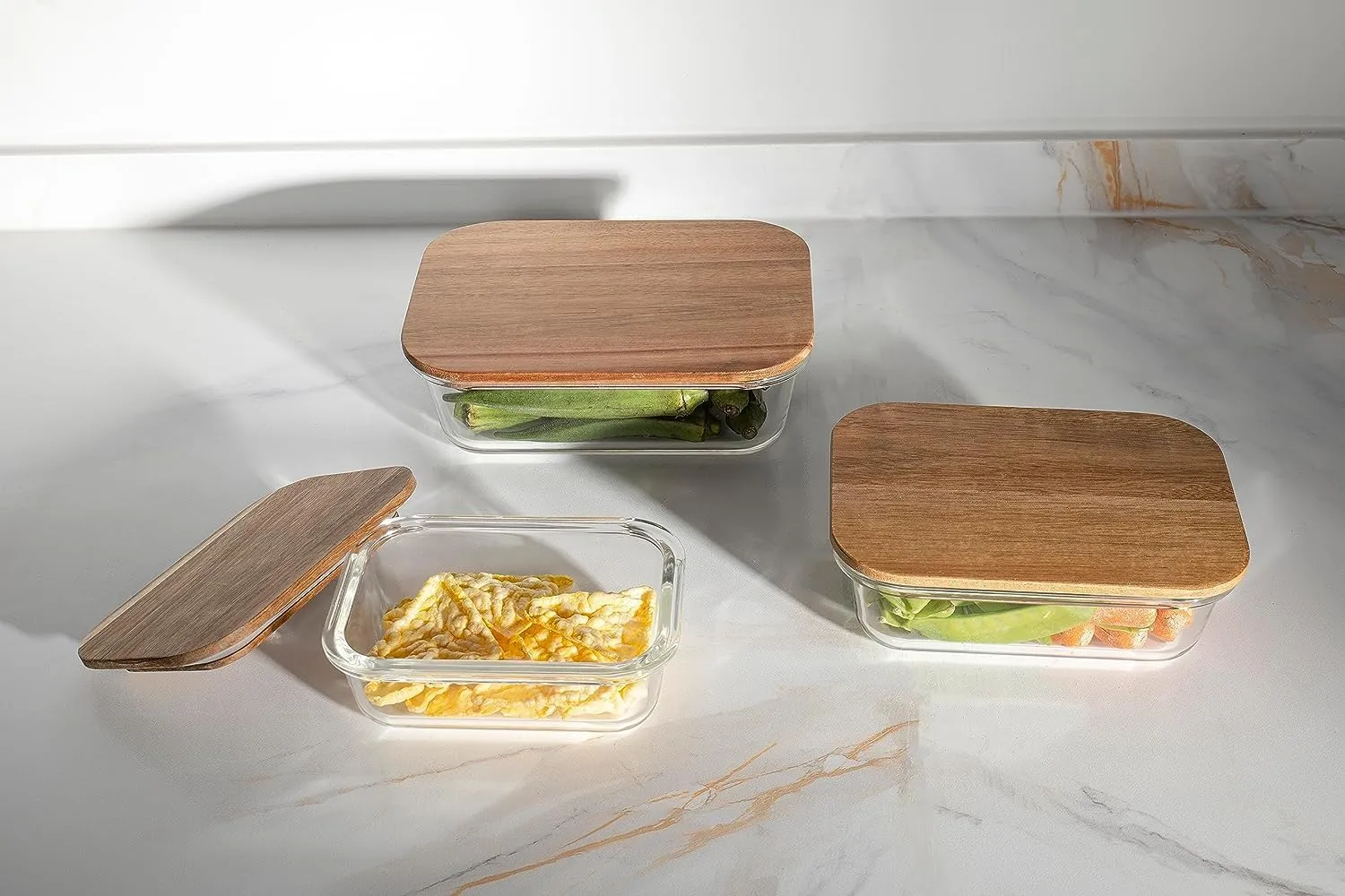 The Better Home Borosilicate Glass Containers With Lid (3Pcs - 370ml, 640ml, 1050ml) | Fridge Organizers | Air Tight Kitchen Storage Set | Bamboo Lid | Microwave Safe Lunch Box | Glass Tiffin Box