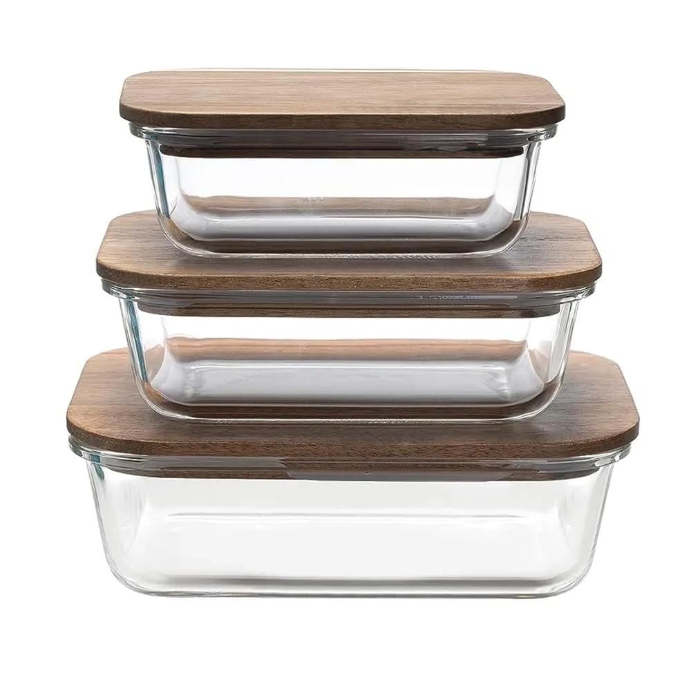 The Better Home Borosilicate Glass Containers With Lid (3Pcs - 370ml, 640ml, 1050ml) | Fridge Organizers | Air Tight Kitchen Storage Set | Bamboo Lid | Microwave Safe Lunch Box | Glass Tiffin Box