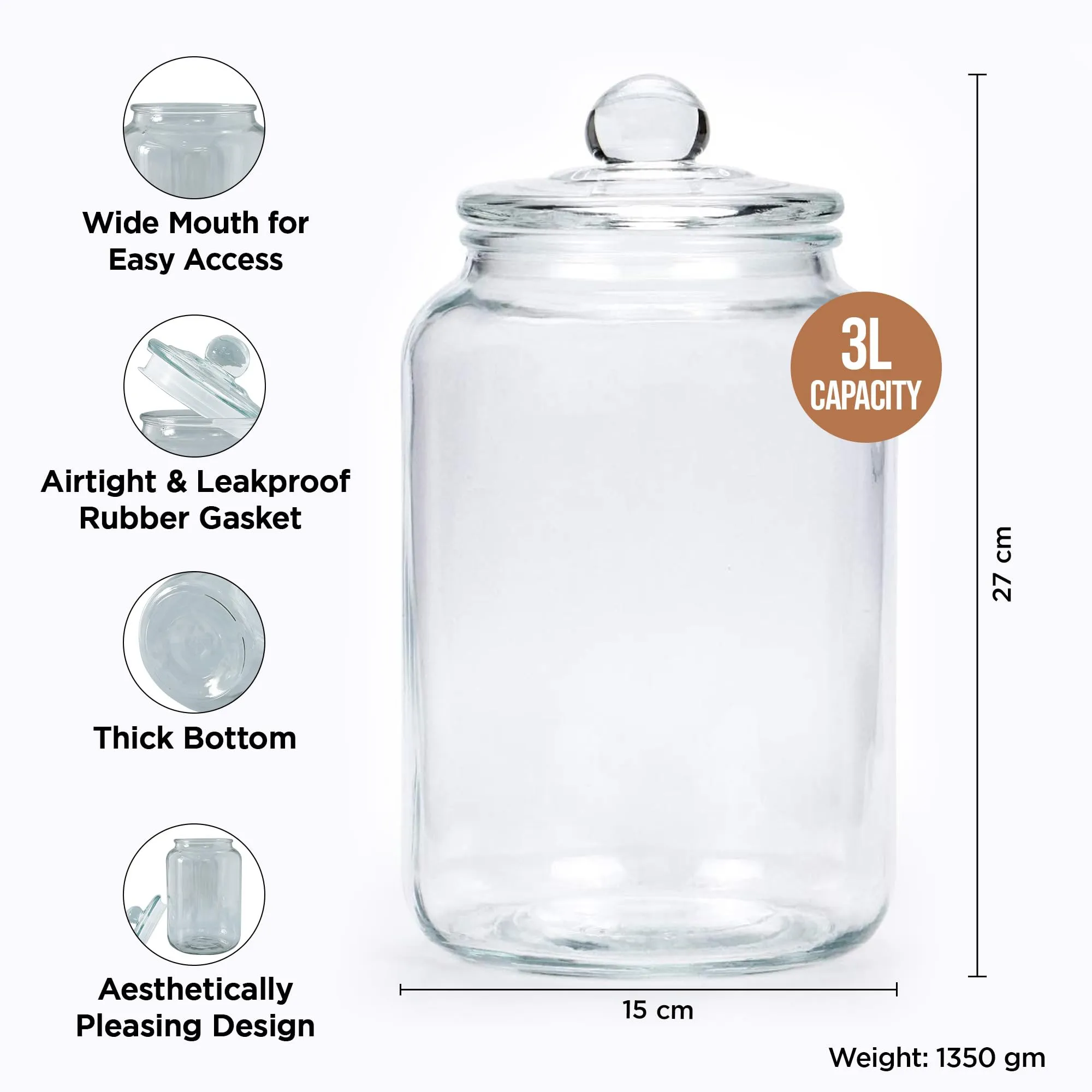 UMAI Glass Jar for Kitchen | Glass Containers With Lid | Kitchen Storage Container with Wide Mouth | Food Storage Container for Kitchen | 3 Litre