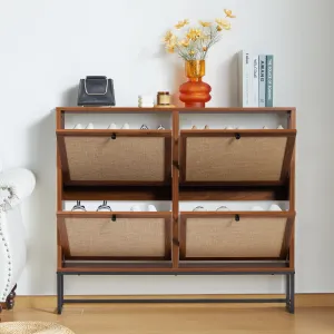 versatile Shoe Cabinet with 4 Flip Drawers, Narrow Shoe Storage Cabinet for Entryway, Walnut