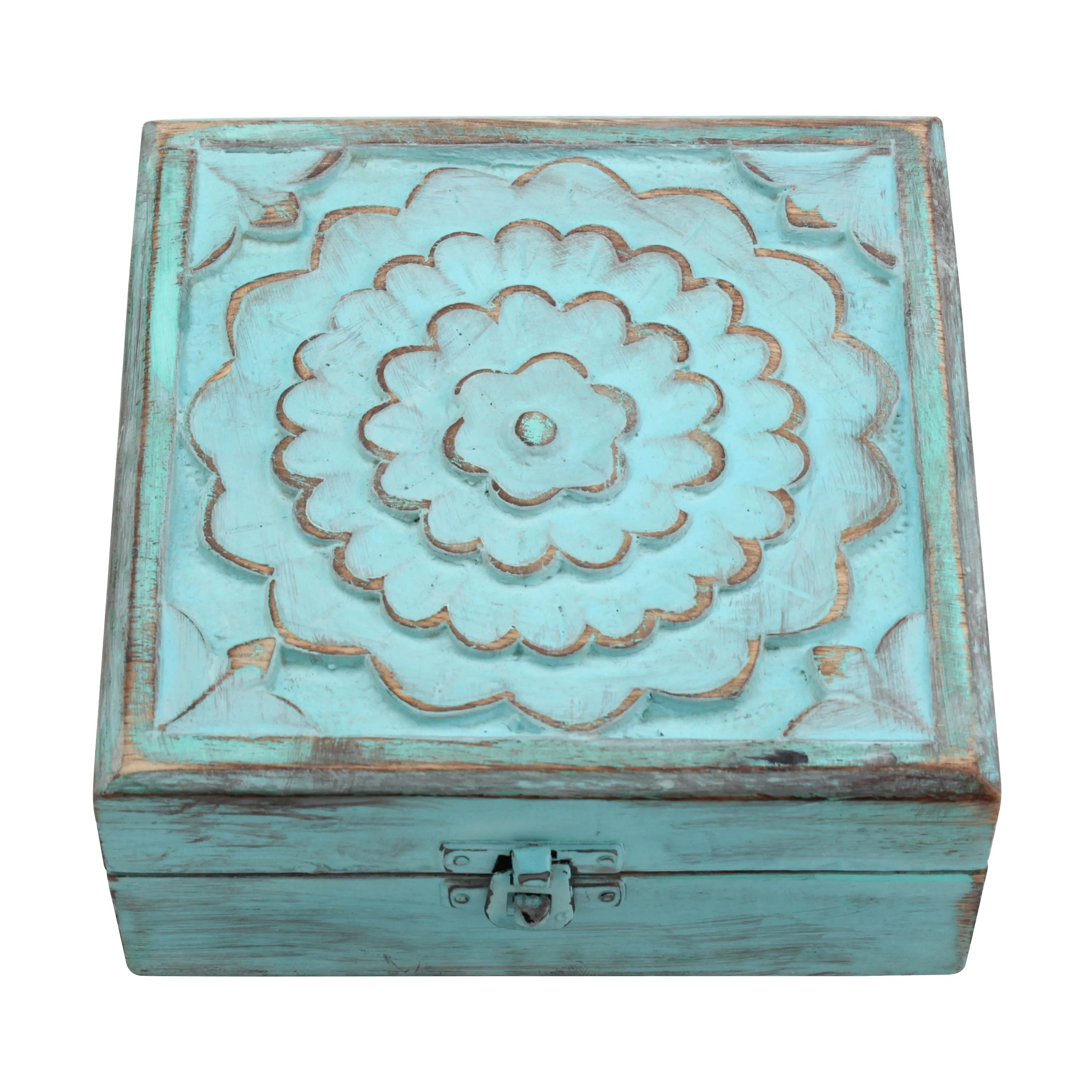 Weathered Sky Blue Wood Box with Hinges and Carved Floral Design