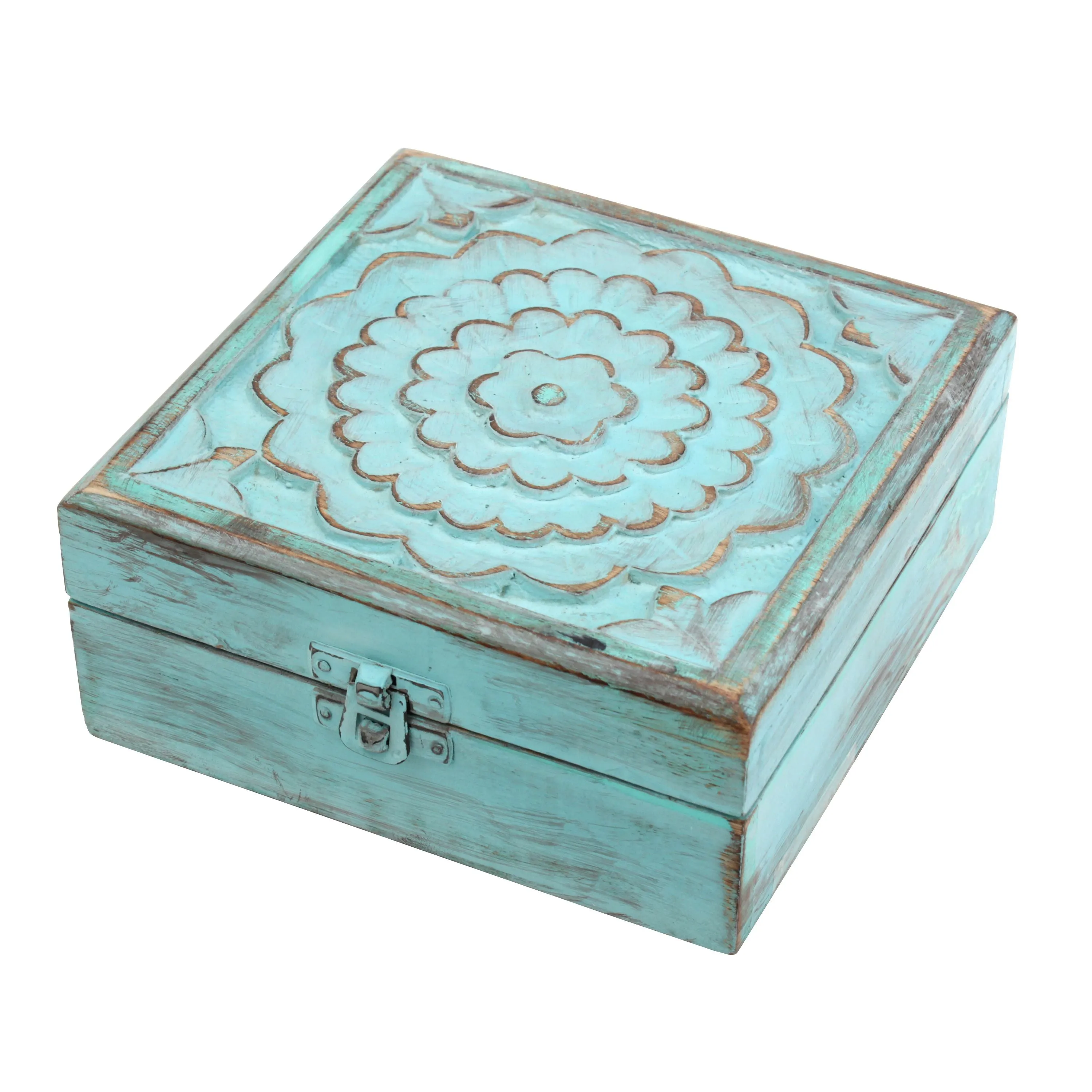 Weathered Sky Blue Wood Box with Hinges and Carved Floral Design