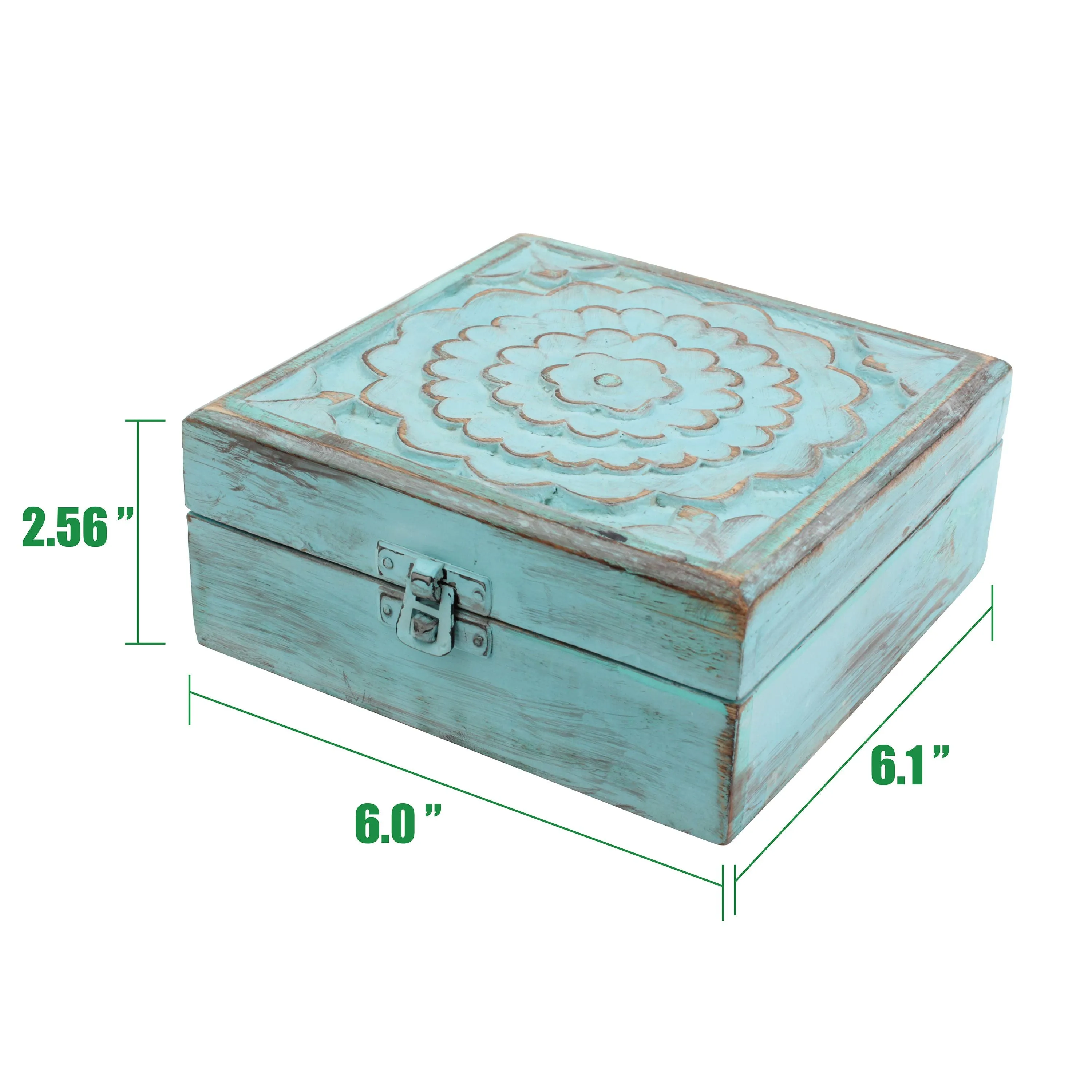 Weathered Sky Blue Wood Box with Hinges and Carved Floral Design