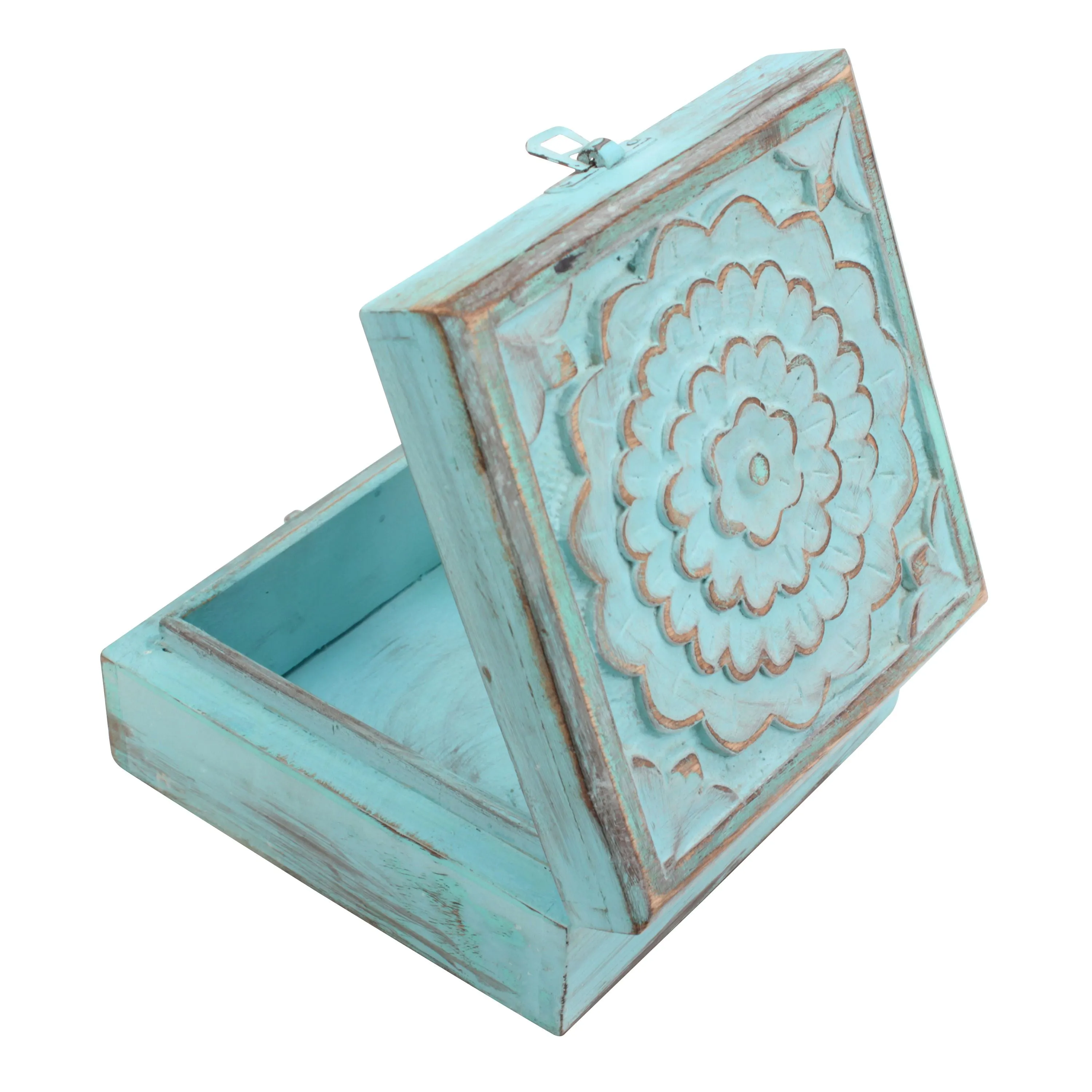 Weathered Sky Blue Wood Box with Hinges and Carved Floral Design