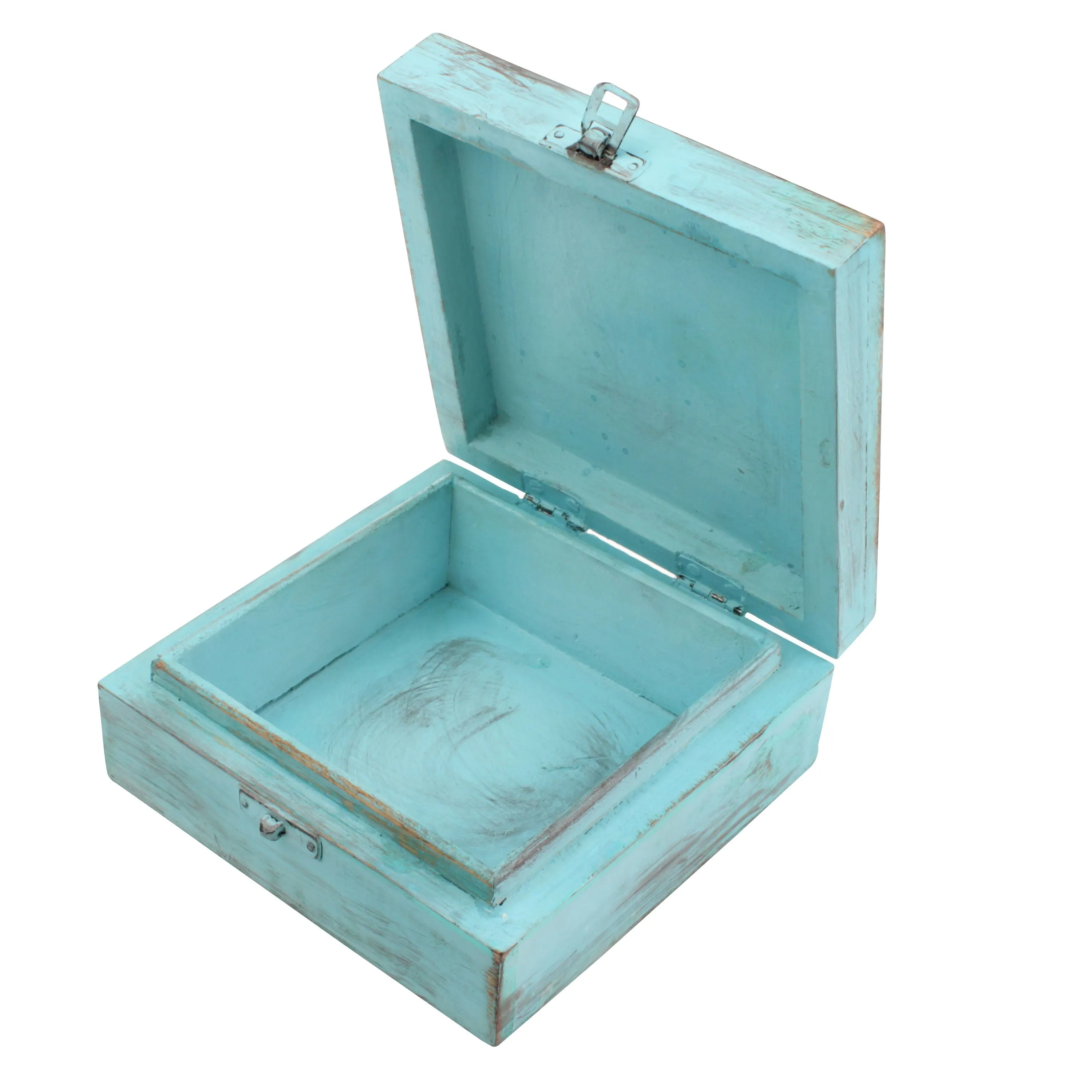 Weathered Sky Blue Wood Box with Hinges and Carved Floral Design