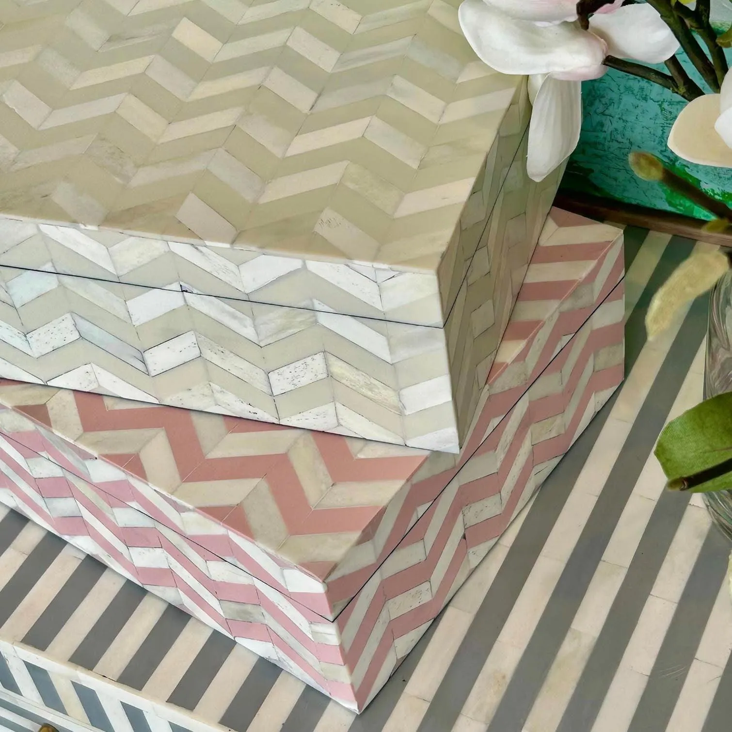 Zig Zag Bone Inlay Box | Cream